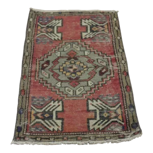 1970s Turkish Boho Style Geometric Red Doormat Rug