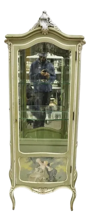 Antique French Louis XV Style Green Distress Painted Curved Glass Curio Cabinet