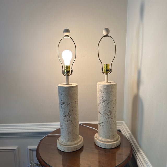 beautiful pair of vintage faux coaral white lamps, good look and size, hard to find a true pair with the original finials...