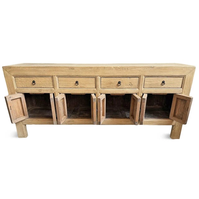 Solid raw elm wood vintage sideboard with four drawers on top and eight doors below that open to spacious storage area...