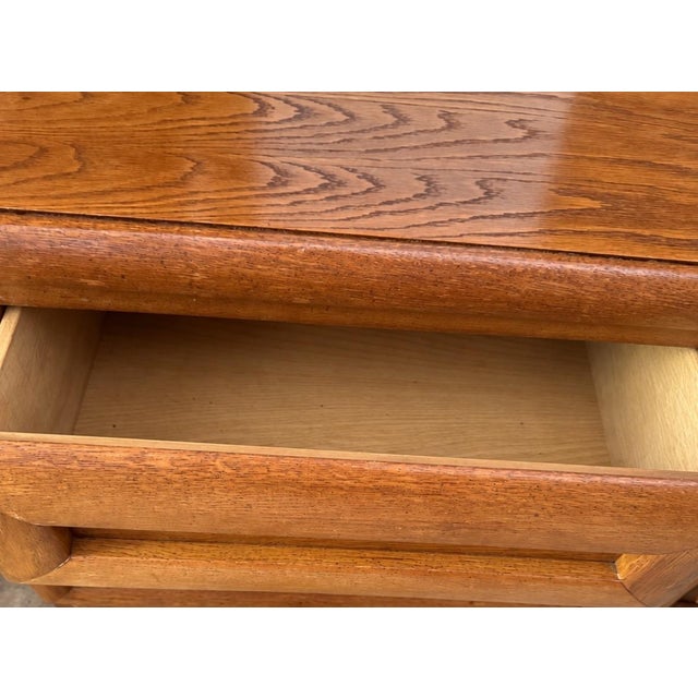 A Pair of Vintage Bassett Sculptural Oak Nightstands With Architectural Drawer Fronts For Sale - Image 9 of 11