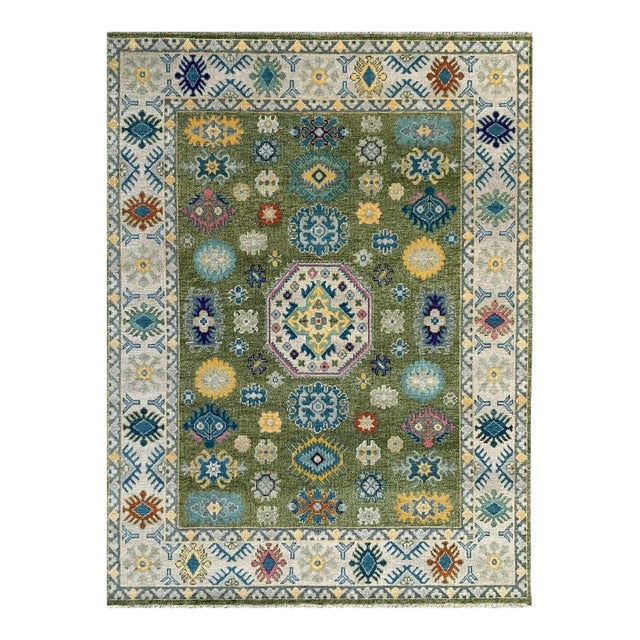 6x9 Inviting Kazak Light Green Traditional Geometric Modern Hand Knotted Wool Rug For Sale