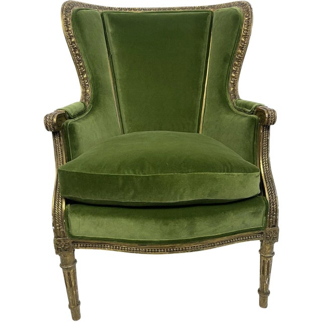 1910s Louis XVI Style Giltwood Carved Bergere Chair With Green Velvet For Sale - Image 13 of 13