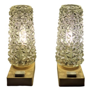 Vintage Bedside Lamps with Cream-Colored Plastic Bases and Clear Relief Glass Shades from Marbach Elektronik, 1970s, Set of 2 For Sale