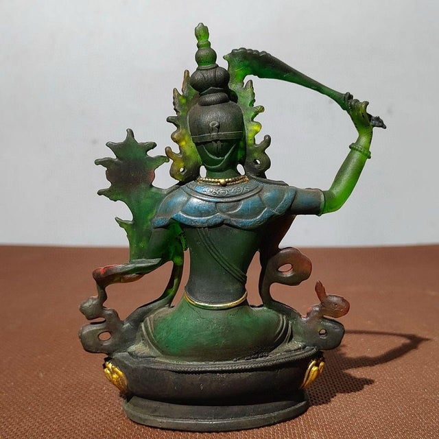 Green 1940s Green Bodhisattva (Tara) Figurine Seated on Lotus Throne — Green & Gold Robes, Red Sashes For Sale - Image 8 of 9