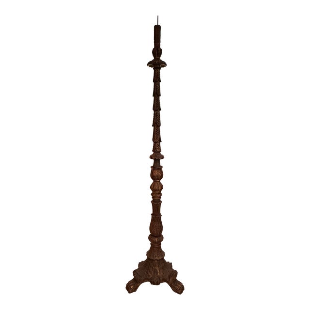 Early 20th Century Baroque Style Tall Painted & Gilded Altar Candelabra Candlestick For Sale