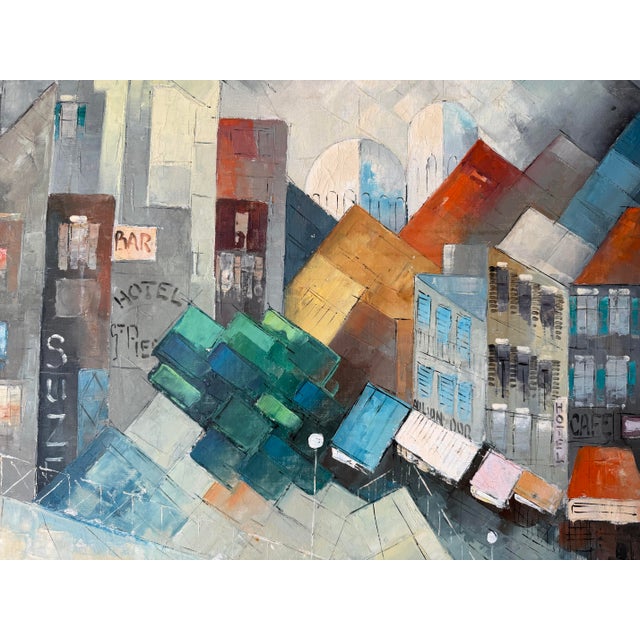1970’s Mid-Century Impressionist Geometric Abstract Cityscape Oil on Canvas Painting, Framed For Sale - Image 10 of 12