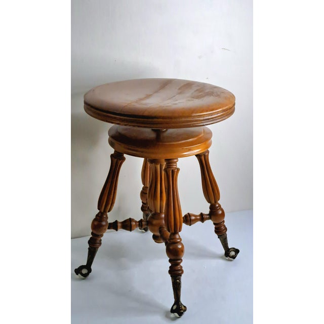 Late 19th Century Antique H. Holtzman & Sons Victorian Adjustable Swivel Piano Stool With Glass Ball Claw Feet For Sale - Image 5 of 17
