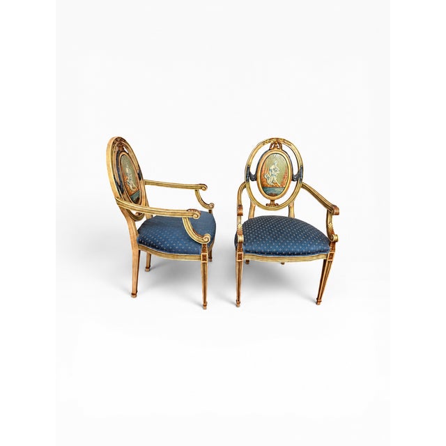 Blue Pair of Vintage Neoclassical Painted & Gilt Louis XVI Style Armchairs With Hand-Painted Medallion Backs For Sale - Image 8 of 15