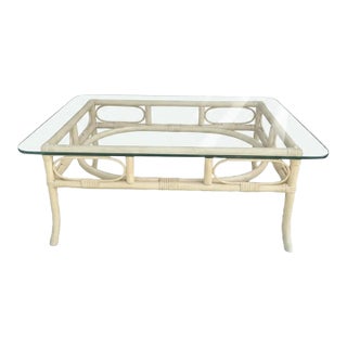 1970's Vintage Ficks Reed Rattan Circular Off White Small Glass Top Coffee Table For Sale