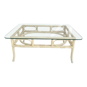 1970's Vintage Ficks Reed Rattan Circular Off White Small Glass Top Coffee Table