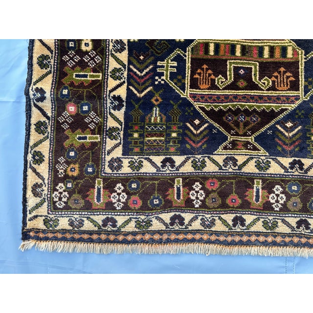 1990s Afghan Medallion Area Rug, Hand-Knotted Wool, Tribal, 3x7, Indigo & Camel For Sale - Image 5 of 12