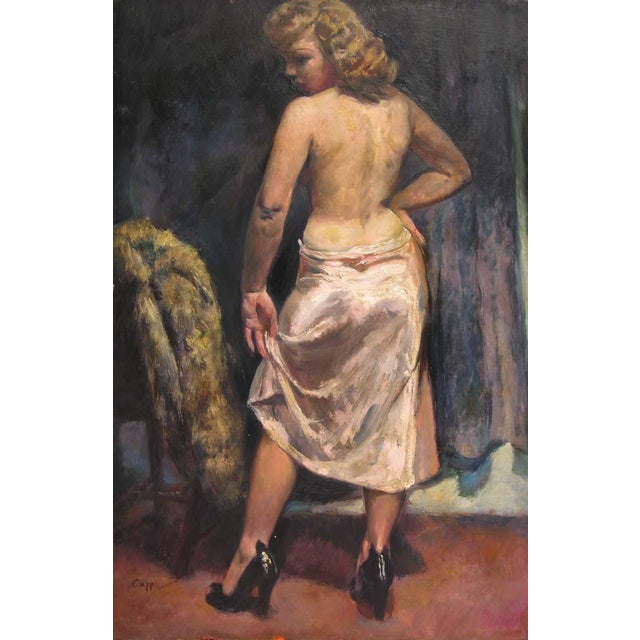 Realism Large Howard Clapp Signed Female Semi-Nude Portrait Oil Painting "Pink Slip" 1945 For Sale - Image 3 of 9