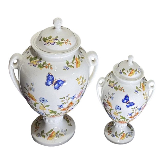 Vintage MCM Aynsley Cottage Garden Fine China Urns With Lids-Set of 2 For Sale