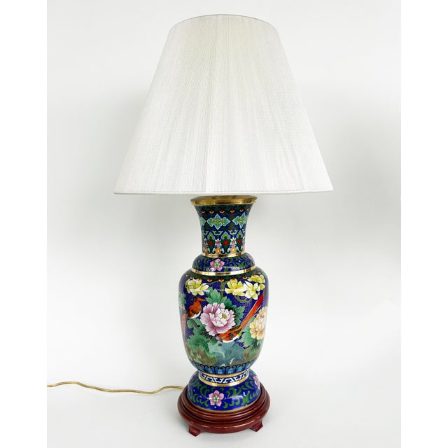 Chinese Cloisonné Table Lamps Birds Flowers, New String Shades, Pair Offered for sale is a pair of Chinese Cloisonné table...