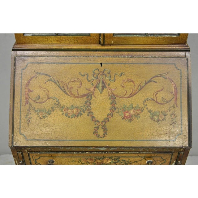 Antique English Adams Style Distress Hand Painted Narrow Secretary Writing Desk For Sale - Image 4 of 18