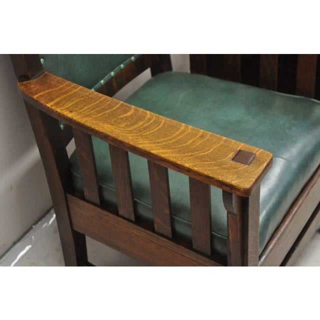 1900 - 1909 Early 1900s Mission Oak Arts & Crafts Stickley Jm Young Style Lounge Arm Chairs Green - Pair For Sale - Image 5 of 12