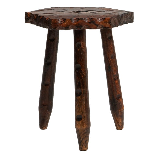 19th Century French Three-Legged Carved Wooden Stool For Sale