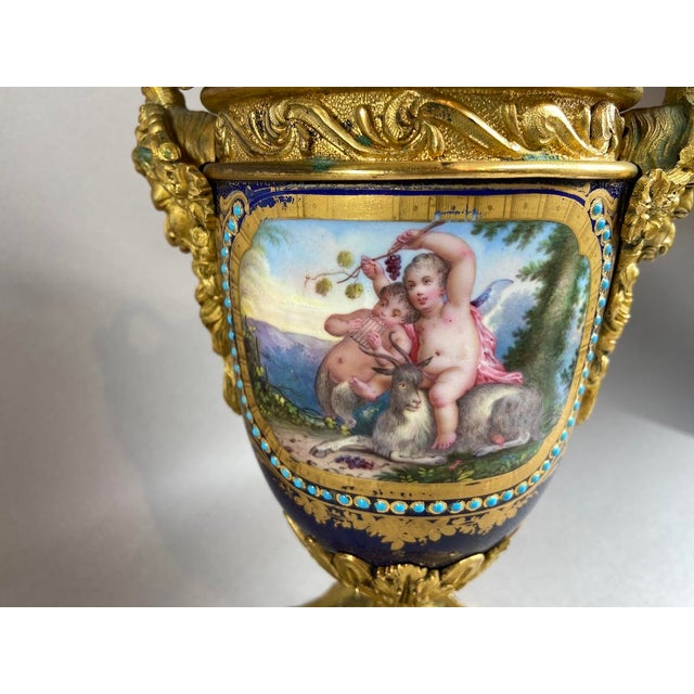1880s French Sevres Style Blue Ormolu Porcelain Urns-Pair For Sale - Image 10 of 13