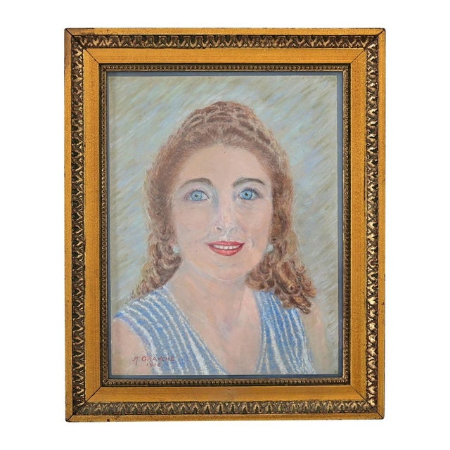 Blue French Vintage Framed Pastel Portrait For Sale - Image 8 of 8