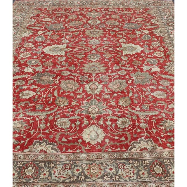 Antique Persian Fine Weave Tabriz in Red Background With Earth Tones. Keivan Woven Arts / rug / EMB-22180-15106. Classic...