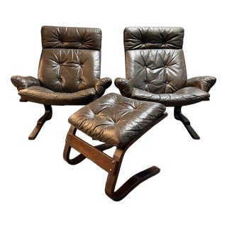 Norwegian Leather Lounge Chair Set from Rykken & Co, 1970s For Sale
