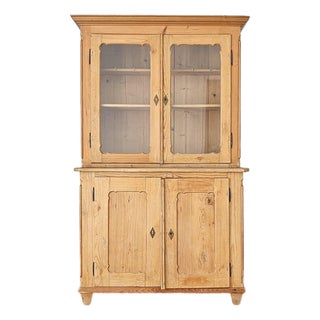 Antique Pine Glass Door Hutch Cabinet | Circa 1890 For Sale