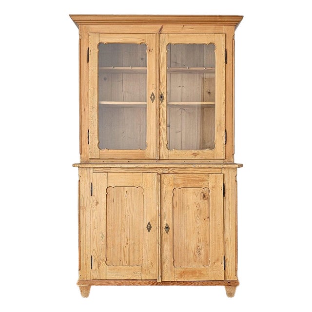 Antique Pine Glass Door Hutch Cabinet | Circa 1890 For Sale