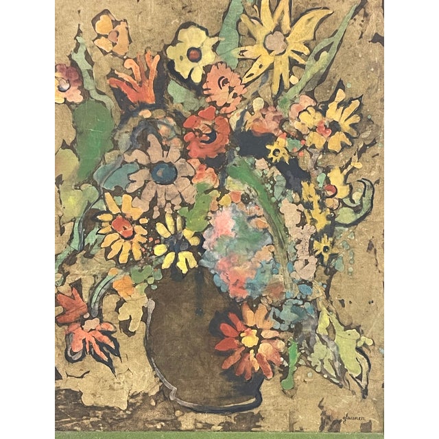Vintage Signed Floral Still Life Mixed Media Painting on Textured Board in Ornate Frame Possible Batik Print. For Sale - Image 10 of 10