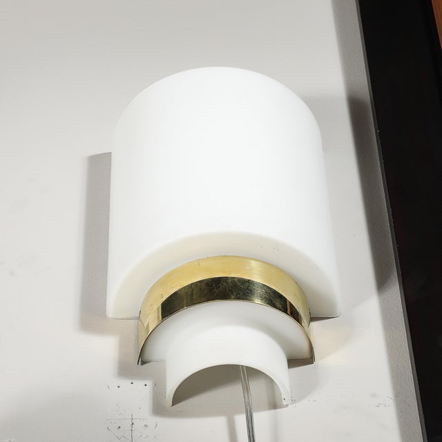 Pair of Mid-Century Modernist Minimal Frosted Glass & Brass Sconces For Sale - Image 11 of 13