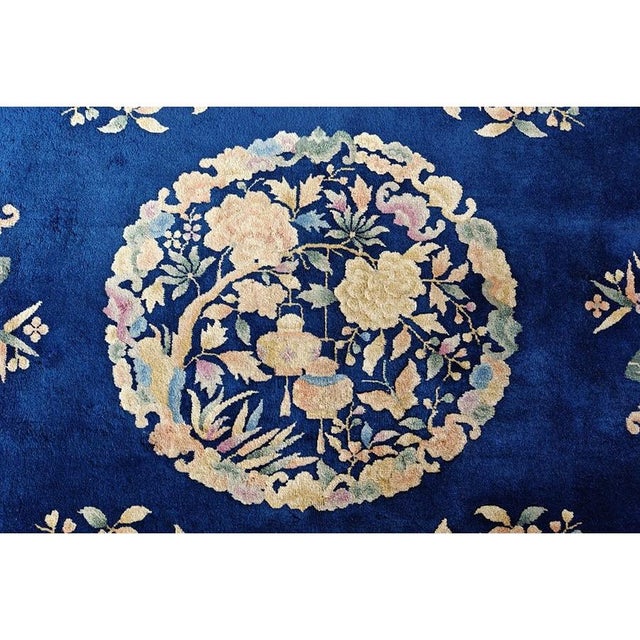 Art Deco 1920s Navy Classic Pomegranate Medallion Antique Chinese Art Deco 8' 9"x 11' 6" For Sale - Image 3 of 9