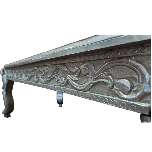Art Deco Mid 20th Century Luxury Hand Carved German Silver Coffee Table | Ornate Peacock Maharaja Center Table | Large Embossed Metal Wood Furniture For Sale - Image 3 of 5