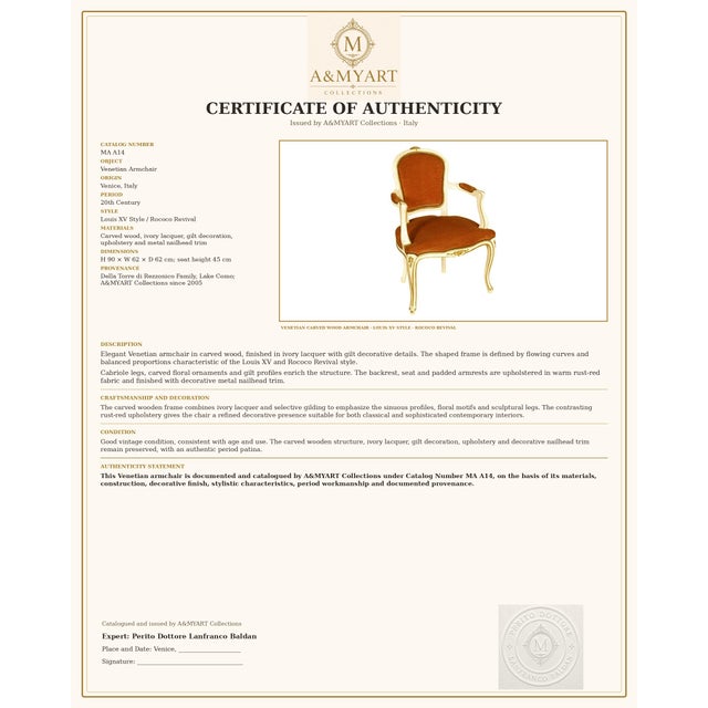 20th Century Louis XV Venetian Ivory Lacquered and Gilt Armchair from Testolini & Salviati, Italy, 1930s For Sale - Image 9 of 11