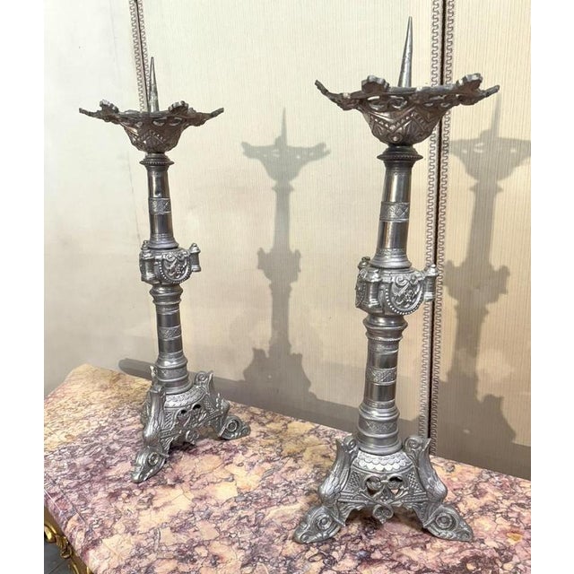 Traditional Large Silver-Plated Bronze Candlesticks, 1800s, Set of 2 For Sale - Image 3 of 8
