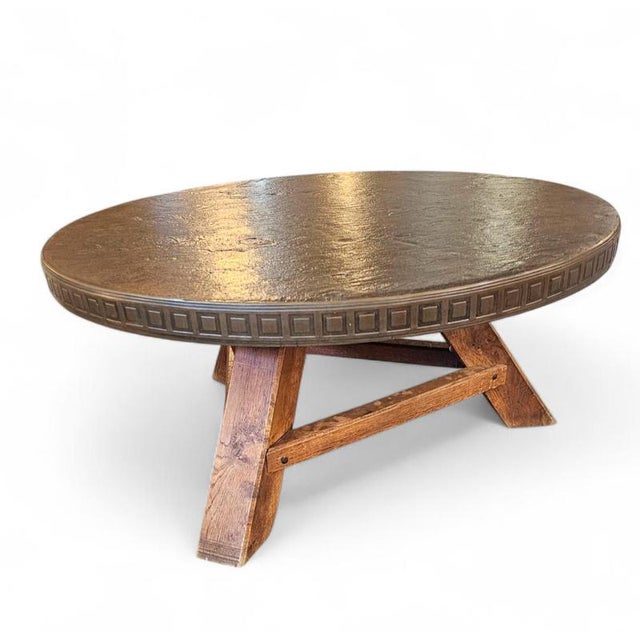 Round brutalist coffee table with brass / copper top / 1960s Round brutalis coffee table with brass / copper top / 1960s...