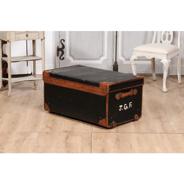 English Victorian Period 19th Century Black Traveling Trunk With Initials J.G.F. For Sale - Image 12 of 12