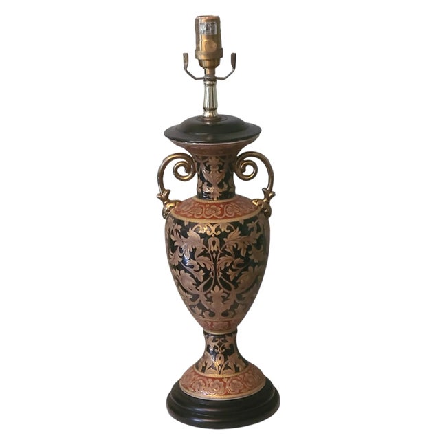 Brick Red Vintage Bombay Co. Italian Rococo Enamel Gilded Urn Form Table Lamp For Sale - Image 8 of 8