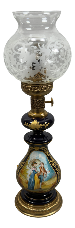 Antique French Porcelain Table Lamp in Brass and Satin Glass