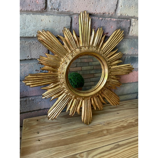 Mid 20th Century Large 18" Bright Gold Italian Giltwood Sunburst Wall Mirror For Sale - Image 11 of 15