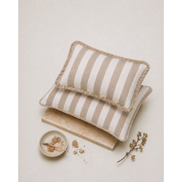 Contemporary Striped Outdoor Happy Frame Pillow Beige and White with Piping For Sale - Image 3 of 5