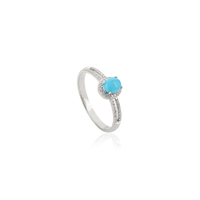 Contemporary 14k White Gold Diamond Turquoise Engagement Ring for Women Size 5 For Sale - Image 3 of 10