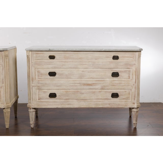 Pair of French Neoclassical Style 1930s Painted Chests with Marble Tops For Sale - Image 9 of 12