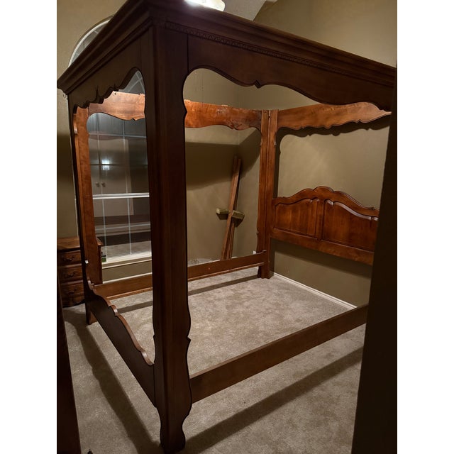 Chestnut Ethan Allen Vintage Country French Queen Canopy Carved Poster Bed For Sale - Image 8 of 14