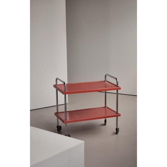Functionalist Scandinavian Red Lacquered Steel Tube and Wood Serving Cart, 1930s For Sale - Image 18 of 18