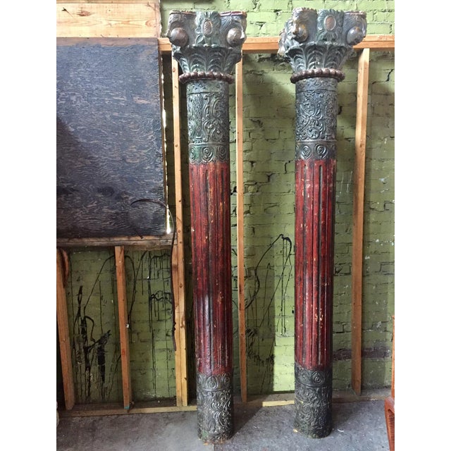 Wood 1930s Vintage Painted and Heavily Carved Teak Wood Columns With Lions - a Pair For Sale - Image 7 of 13