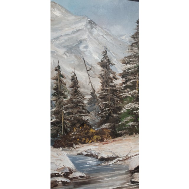 Blue 1980s Forest & Snow Capped Mountain, Vintage Oil Painting Melville 28" For Sale - Image 8 of 11