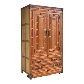 Vintage Chinese Elm Elmwood Wedding Cabinet Armoire Prosperity Cabinet Chinoiserie Wardrobe With Interior Hanging Rail For Sale