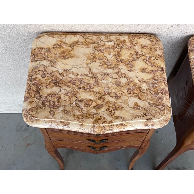 Brown Antique Louis XV French Marquetry Marble Top Nightstands, Set of 2 For Sale - Image 8 of 13