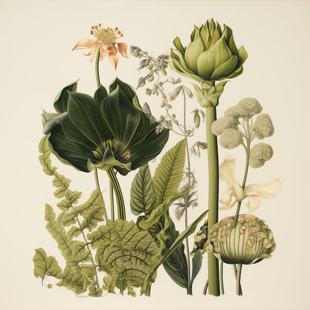 72' X 54' - Set of 12 Unframed Gallery Wall Installation Original Botanical Prints - Dark Green and Cream Background / Neutral Palette For Sale - Image 9 of 15