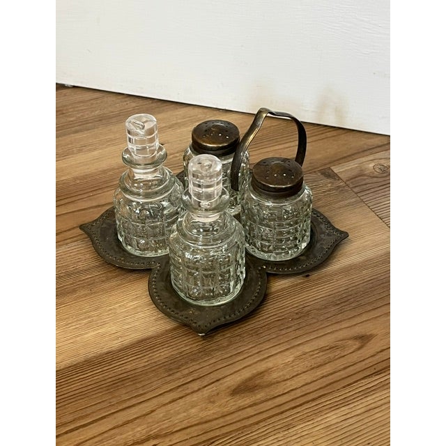 Vintage 4-Piece Glass and Metal Condiment Cruet Set - 5 pcs For Sale - Image 9 of 9